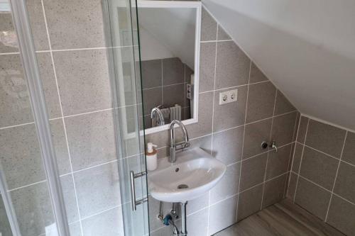 ein Bad mit einem Waschbecken und einer Dusche in der Unterkunft Ferienwohnung/Monteurwohnung Alte Garage in Weimar