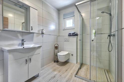 a bathroom with a shower and a toilet and a sink at Holiday house Mirna with swimming pool and jacuzzi in Pula