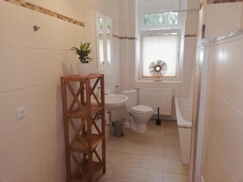 ein Bad mit einem Waschbecken, einem WC und einem Fenster in der Unterkunft Ferienwohnung "Kleiner OTTO" in Erfurt