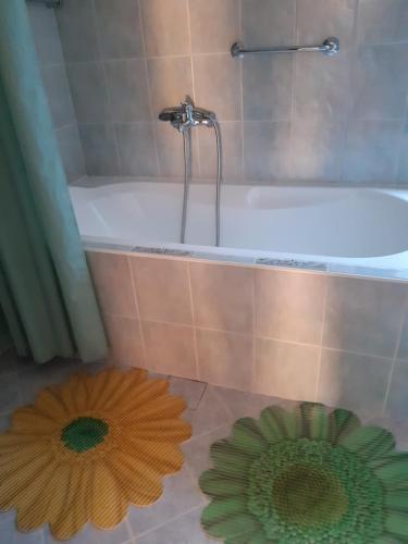 zwei Blumen auf dem Boden eines Badezimmers mit einer Badewanne in der Unterkunft Apartmani Franka in Rovinjsko Selo