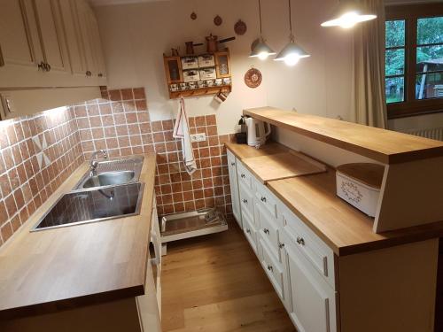 eine Küche mit einer Spüle und einer Arbeitsplatte in der Unterkunft Ferienhaus Erika in Mallnitz