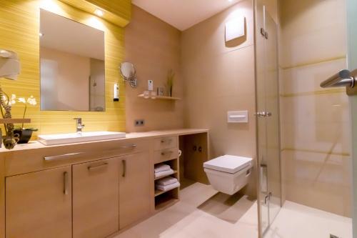 a bathroom with a sink and a toilet and a shower at Der Seehof in Heimbach