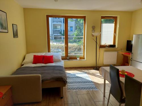 een slaapkamer met een bed met rode kussens erop bij Apartament we Wrzeszczu in Gdańsk