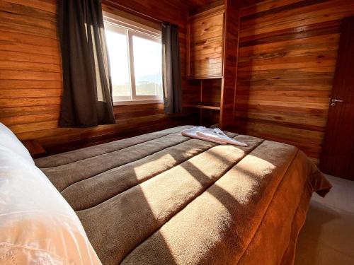 a bed in a wooden room with a window at Pousada Flor do Campestre in Urubici