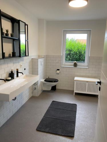 a bathroom with a sink and a toilet and a window at Deluxe Ferienwohnung für 4 bis 6 Personen Ladestation E-Auto & E-Bike in Lancken-Granitz