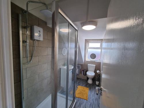a bathroom with a shower and a toilet at Highview House Redcar-Seaview Apartments in Redcar