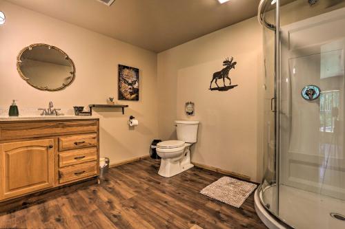 a bathroom with a toilet and a shower and a sink at Butler Cabin on 19 Acres with Hot Tub and Fire Pit! in Butler