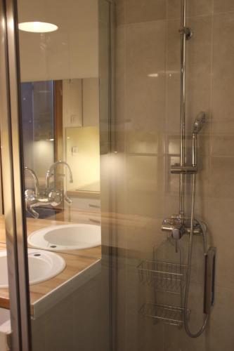 y baño con ducha, lavabo y espejo. en Chambres d'hôtes Elisa & Etienne, en Manosque