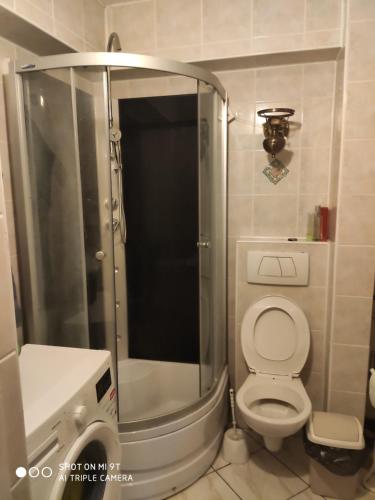 a bathroom with a shower and a toilet in it at Pokoje Kolorowe Sny in Warsaw