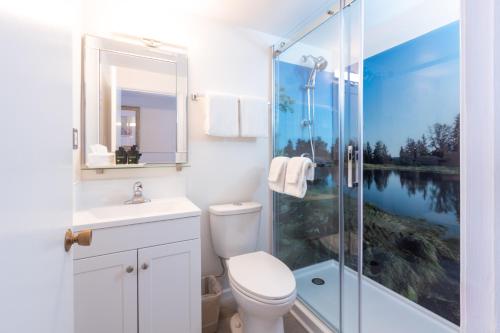 La salle de bains est pourvue d'une douche, de toilettes et d'un lavabo. dans l'établissement Robin Hood Inn and Suites, à Victoria
