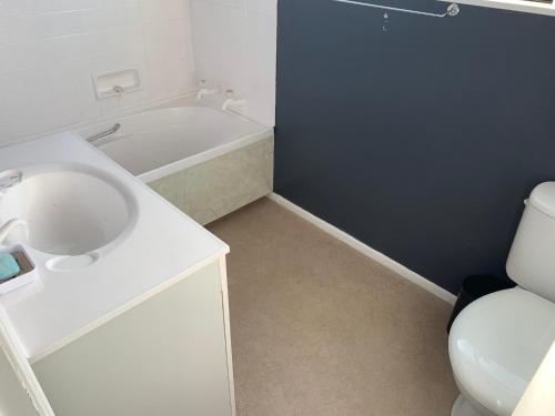 a bathroom with a tub and a toilet and a sink at Hirangi cottage in Turangi