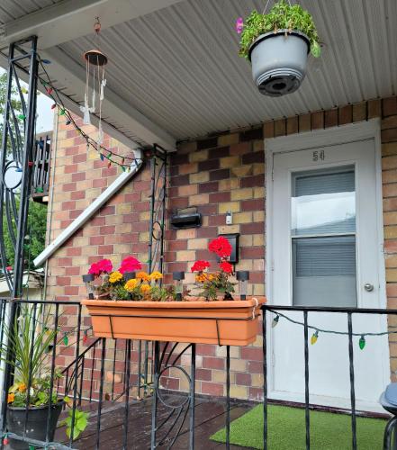 a porch with a planter with flowers in it at Cozy quiet place next to hwy smart tv+wifi+netflix in Edmundston