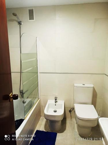 a bathroom with a shower and a toilet and a sink at Apartamentos Sol y Playa Almuñecar 2 in Almuñécar