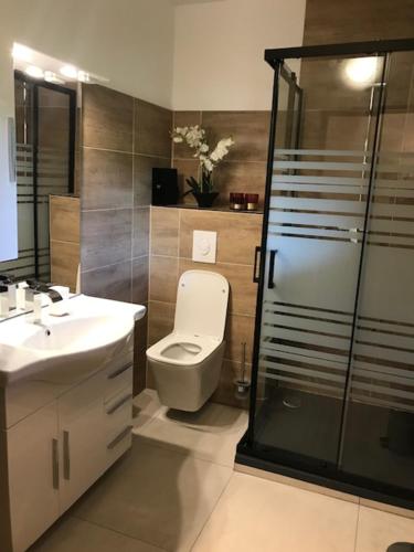 a bathroom with a toilet and a glass shower at Schöne Ferienwohnung im Südschwarzwald in Herrischried