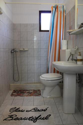 a bathroom with a toilet and a sink and a shower at Anastazia's Seaside Apartments in Roda