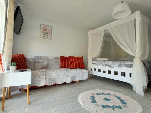 a bedroom with a canopy bed and a couch at Casutele verzi din Ocnele Mari in Ocnele Mari