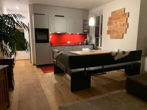 Il comprend un salon avec un canapé et une cuisine. dans l'établissement Casa Restelli EG - nahe Andermatt Gotthard, à Gurtnellen