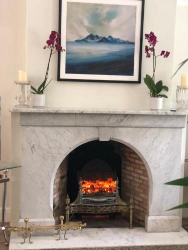 a fireplace in a living room with a picture on the wall at Lovely Studio Apartment with Roof Top Conservatory in Goostrey