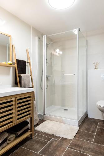 une salle de bain avec une douche, des toilettes et un lavabo dans l'établissement Loft tout équipé au cœur d'un domaine viticole, à Campsas
