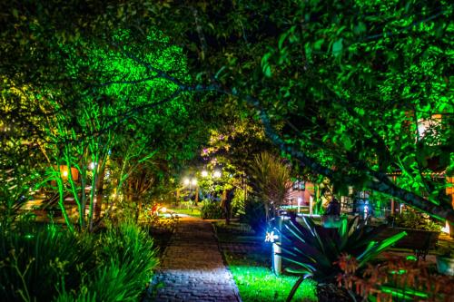 a city street at night with green lights at Pousada Rosa dos Ventos Capão in Vale do Capao