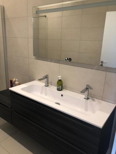 une salle de bain avec un lavabo blanc et un miroir dans l'établissement Ajaccio appartement 4 couchages, climatisé a 150m de la plage route des sanguinaires, parking privé, à Ajaccio