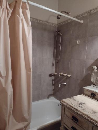 a bathroom with a shower with a white tub at DEPARTAMENTo CÉNTRICO in Lobos