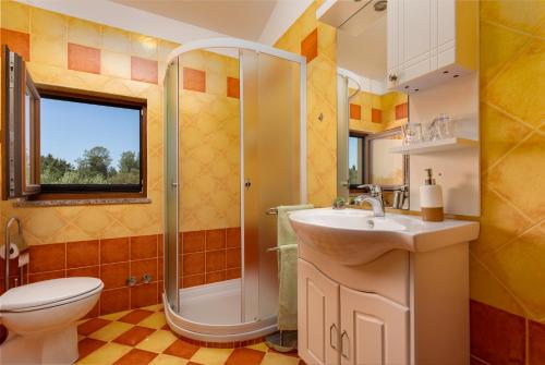 Un baño con inodoro, lavabo y ducha. en Apartments Terranova, en Rovinj