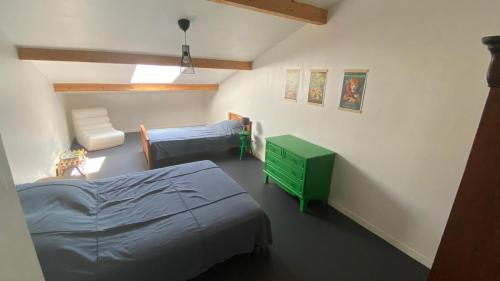 een kamer met 2 bedden en een groene kast bij Duplex lumineux haut Jura in Ponthoux