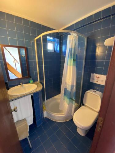 a blue tiled bathroom with a toilet and a shower at CASA DA LAGINHA in Zambujeira do Mar