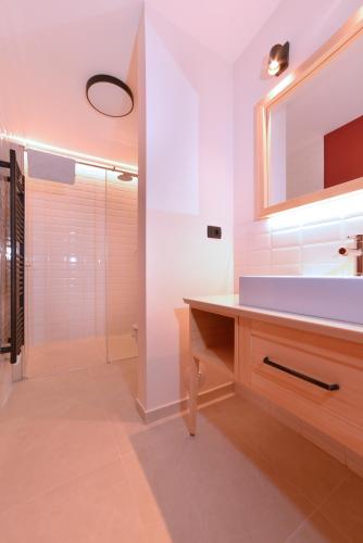 a bathroom with a sink and a mirror and a shower at Guesthouse Les in Brežice