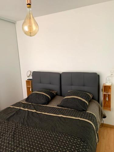 une chambre avec un lit avec deux oreillers dessus dans l'établissement Appartement Cosy à quelques minutes du Centre, à Châlons-en-Champagne