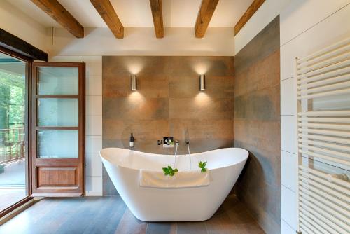 a bath tub in a bathroom with a window at Can Cruanyes in Sales del Llierca