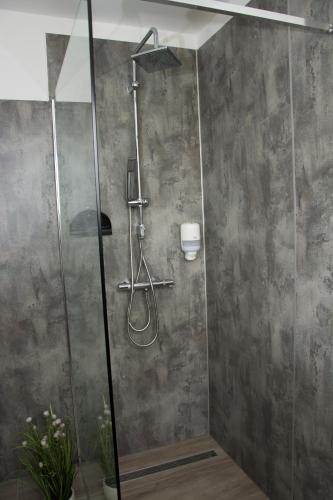 a shower with a glass door in a bathroom at Helis Gästezimmer in Kirchbach in Steiermark