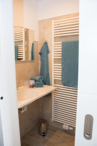 a bathroom with a sink and a mirror at Helis Gästezimmer in Kirchbach in Steiermark