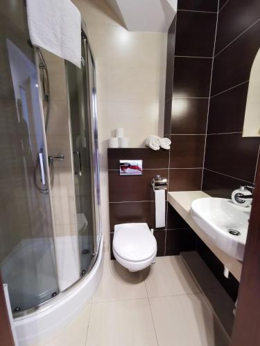 a bathroom with a toilet and a sink and a shower at POD DEBEM Kompleks Zeglarsko-Rekreacyjny in Ruciane-Nida