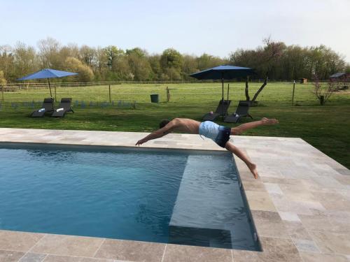 un homme plonge dans une piscine dans l'établissement Chateau de la Preuille Gites, à Montaigu-Vendée