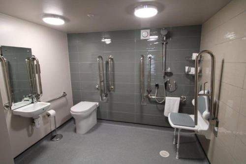 y baño con aseo, lavabo y ducha. en rooms @ the dolau inn en New Quay