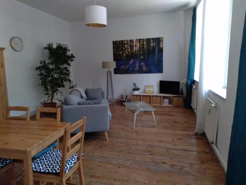 uma sala de estar com um sofá e uma mesa em Appartement spacieux de 100m2 à deux pas du centre ville de Carcassonne em Carcassonne