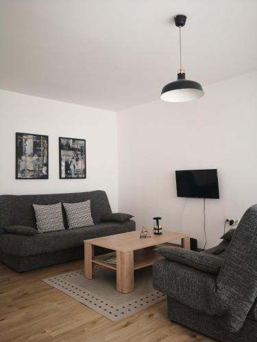 a living room with two couches and a coffee table at Apartment Adi in Travnik