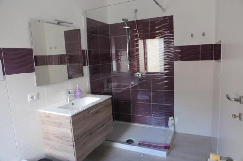 La salle de bains est pourvue d'une douche et d'un lavabo. dans l'établissement S'Orgosa, à Orgosolo