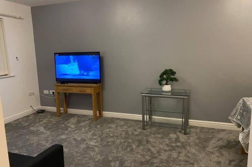 a living room with a flat screen tv on a table at Modern stylish flat over garage with free parking in Crewe