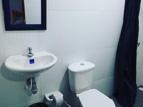 a bathroom with a white toilet and a sink at La Orquidea in Mariquita