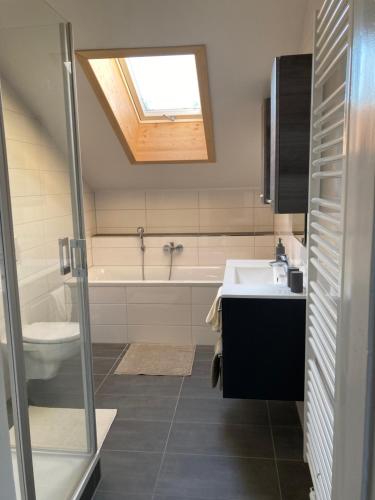 La salle de bains est pourvue d'un lavabo et d'une baignoire. dans l'établissement Ferienwohnung Bahnhof Regen mit Wellness, à Regen