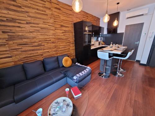 un salon avec un canapé bleu et une cuisine dans l'établissement L'appart Alex, à Carcassonne