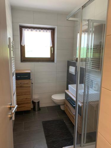 bagno con servizi igienici, lavandino e finestra di Katschi Lodge a Katschberghöhe