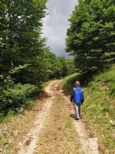 a man is walking down a dirt road at Katun Ljeljenak in Pluzine