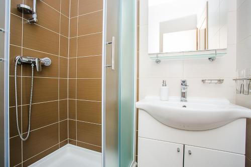 a bathroom with a sink and a shower at Apartments Mia in Sveti Juraj