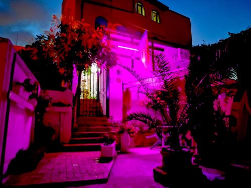 un edificio con luces rosas en el lateral. en Casa Fotografului, en Constanţa