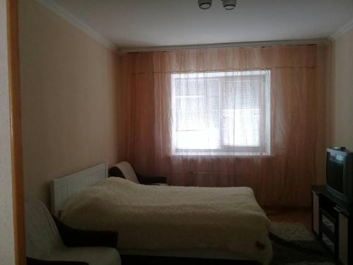 a bedroom with a bed and a window and a television at Center Park Brovary in Brovary