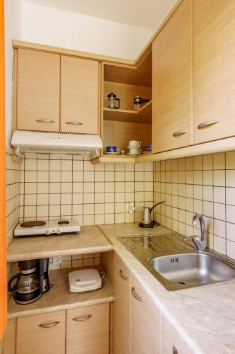 a kitchen with wooden cabinets and a sink at Irini studios in Skiros